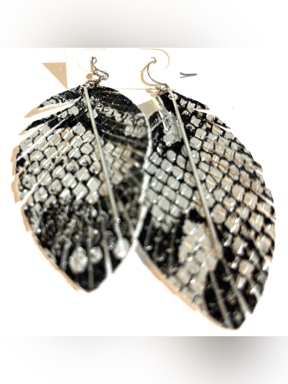 Black & Silver Textured Leaf leather Dangle Earrings